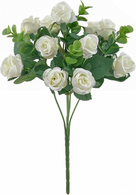 Künstliche Seidenrosen mit Eukalyptusblättern in Weiß, 11 Köpfe und 5 Gabeln für deine Dekoration bei Hochzeiten oder Partys - Bild 1
