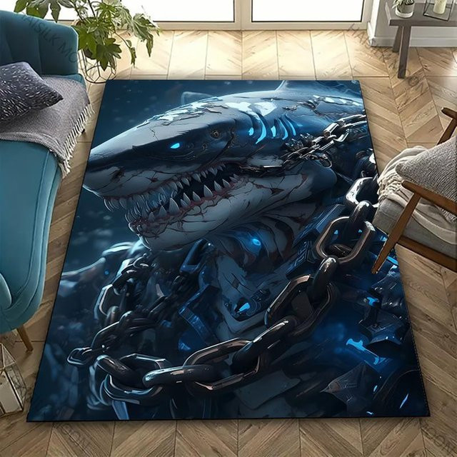 AISILK MOON 3D Hai-Thema Teppich in Blau, Waschbarer Nautischer Horror Statement-Teppich für Wohnzimmer, Schlafzimmer oder Büro, B/T: 60 x 40 cm - Bild 1