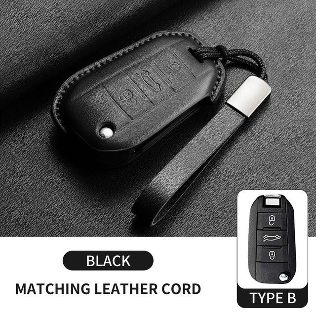 Leder Autoschlüsselhülle als Schutzhülle und Schlüsselanhänger für Peugeot 208 3008 308 508 408 2008 307 4008 in Schwarz - Bild 1