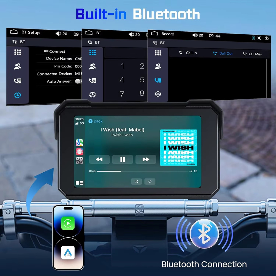 Jansite Motorrad-GPS-Navigationsdisplay mit 5 Zoll Display, CarPlay und Android Auto, Schwarz - Bild 4