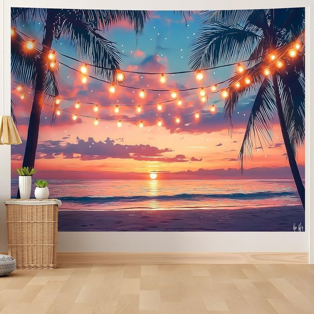 Wandteppich Strand Abendsonnenuntergang mit Palmenlandschaft von JMG Household Supplies, Mehrfarbig, Breite: 70 cm, Höhe: 100 cm - Bild 1