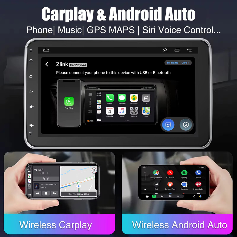 ESSGOO Universal Autoradio mit Android 15, 10.1 Zoll Touchscreen, 64 GB Speicher, 360 Grad drehbar, Wireless CarPlay, Android Auto, GPS, WiFi, Bluetooth und FM, Schwarz - Bild 4