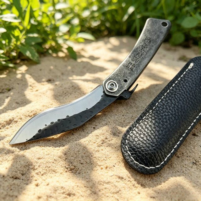 Higonokami Faltbares Campingmesser in Schwarz mit Lederetui als EDC-Werkzeug für Küche, Obst und Angeln - Bild 1