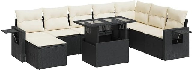 vidaXL 9-tlg Garten-Sofagarnitur in L-Form aus Poly-Rattan mit Kissen in Schwarz-Creme - Bild 1