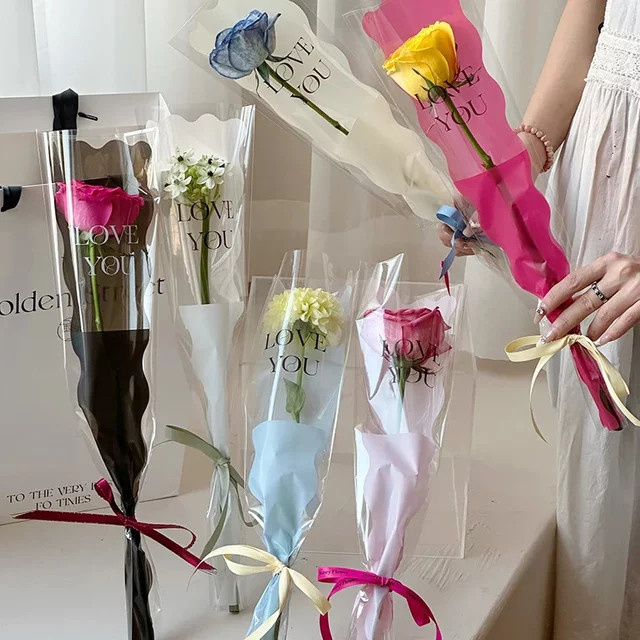 10er-Set transparente Verpackungsbeutel für einzelne Rosensträuße aus Papier und Kunststofffolie - Bild 1