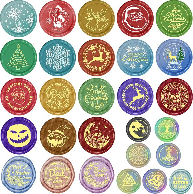 Wachssiegelstempel Set für DIY Weihnachten und Halloween mit Motiven wie Santa Claus, Glocke, Schneeflocke, Kürbis und Geist, Durchmesser: 25 mm, Mehrfarbig - Bild 1