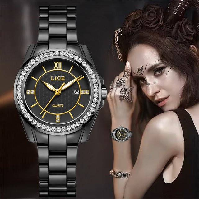 LIGE Armbanduhr, Chronograph, Keramik, Schwarz, Quarz, Damen - Bild 1