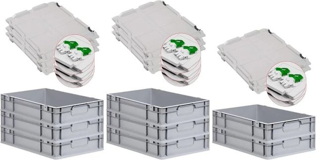 PROREGAL Spar Set 8x Eurobox Nextgen Economy mit Scharnierdeckel und grünen Schiebeschnappverschlüssen, Grau, H x B x T: 12 x 40 x 60 cm, 23 Liter - Bild 1