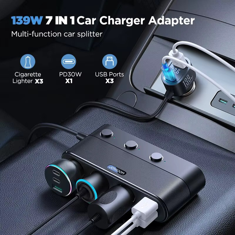 Joyroom 7-in-1 Autoladegerät-Adapter mit 139 W, PD QC3.0 Buchse und DC-Steckdose, Zigarettenanzünder-Splitter in Schwarz - Bild 2