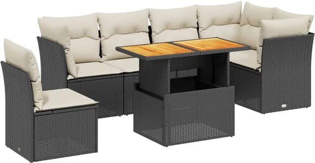 vidaXL 7-teilige Garten-Sofagarnitur in L-Form aus Poly-Rattan und Akazienholz mit Kissen, Schwarz-Creme - Bild 1