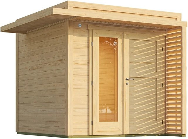 Weka Gartenhaus Amberley aus Holz in Natur mit Flachdach, integriertem Fenster und schwebendem Lamellenvordach, B/T/H: 235 x 235 x 235 cm - Bild 1