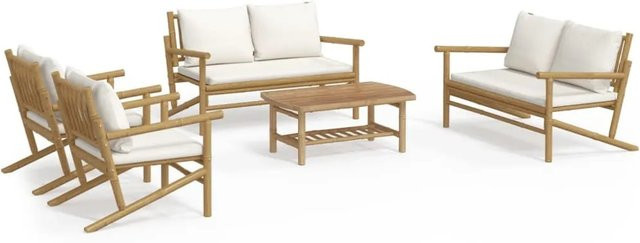 vidaXL 5-tlg. Garten-Lounge-Set aus Bambus mit cremeweißen Polsterkissen - Bild 1