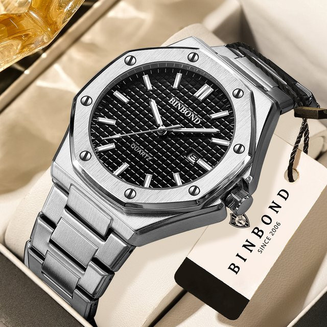 BINBOND Armbanduhr Quarz, Edelstahl, Schwarz, Silber, Herren - Bild 1