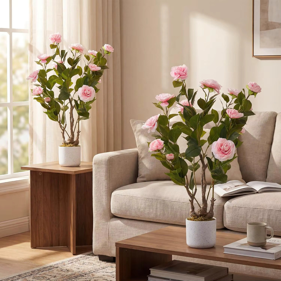 Garvee Künstliche Kamelie in Pink mit 16 Blüten im Topf, Dekorative Kunstpflanze für Innen und Außen, Höhe: 75 cm - Bild 7