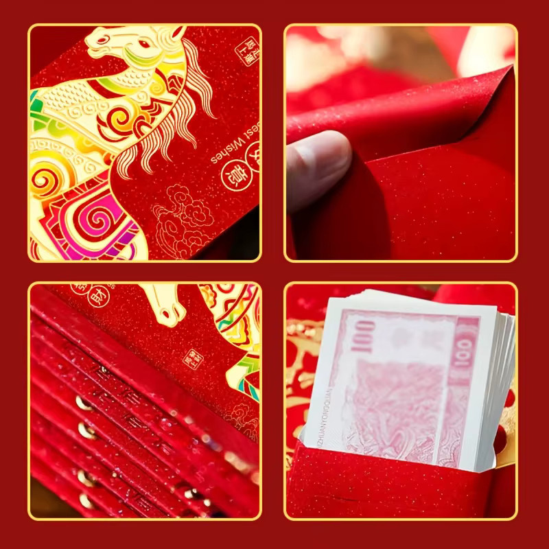 Rote Umschläge für das chinesische Neujahrsfest 2026 mit goldenem Pferdemuster als Glücksgeldbeutel in Rot und Gold - Bild 3