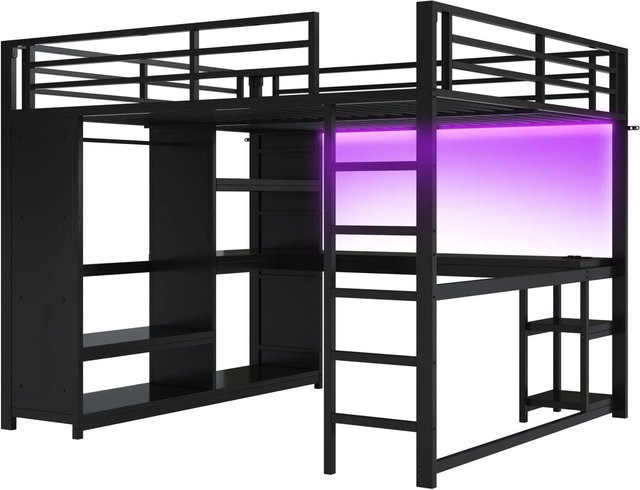 okwish Hochbett für das Jugendzimmer mit Schreibtisch und Kleiderschrank in Schwarz, Metall, B/T/H: 200 x 160 x 165 cm - Bild 1