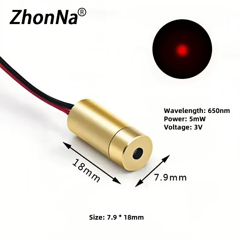 ZhonNa Rotes Lasermodul Industriequalität 650nm 5mW zur Laserpositionierung mit Feder und Kabel B/T/H: 7,9 x 18 mm - Bild 2