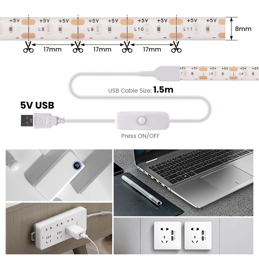 XUNATA USB-LED-Streifenlicht mit Dimmerschalter, Warmweiß, Wasserdichtes flexibles LED-Band mit 60 SMD LEDs für Unterschrankbeleuchtung - Bild 6