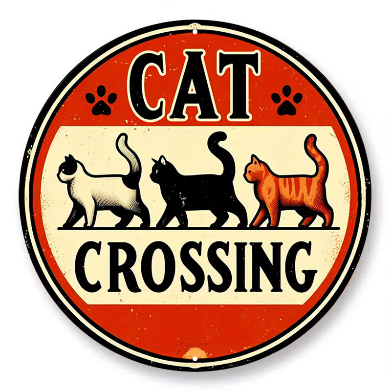 Potdemiel Retro Cat Crossing Vintage Metallschild aus Aluminium, rund, Mehrfarbig, Durchmesser: 20 cm - Bild 4