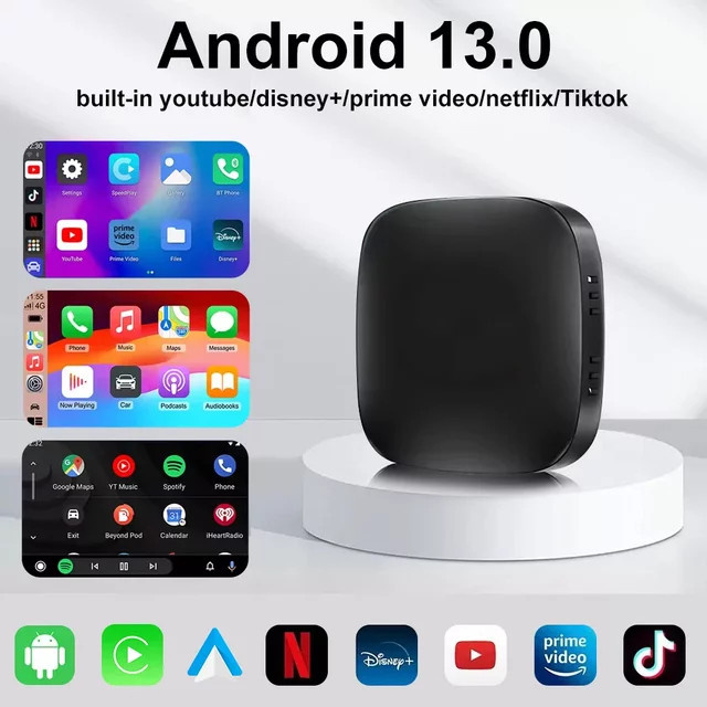 VCARLINKPLAY A133 AI Box für Android 13, Wireless CarPlay und Android Auto Adapter mit Netflix und YouTube, Schwarz - Bild 1