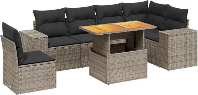 vidaXL 7-teilige Garten-Sofagarnitur in L-Form aus Poly-Rattan und Akazienholz in Grau mit Kissen - Bild 1