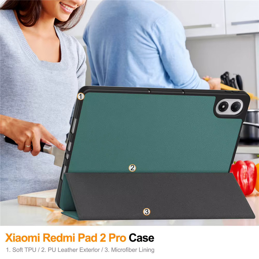 Xiaomi Redmi Pad 2 Pro 12,1 Zoll Tablet-Hülle aus PU-Leder mit Stifthalter und Standfunktion in Grau und Grün - Bild 4