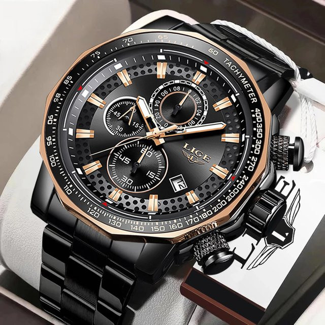 LIGE Chronograph, Quarz, Edelstahl, Silikon, Schwarz, Herren - Bild 1