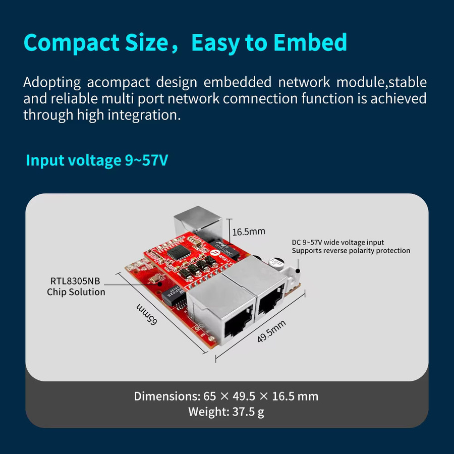 Redquality Mini 3-Port PoE Embedded PCBA Switch mit 1000M Ethernet/LAN und DC 9-57V Weitspannungseingang für industrielle Automatisierung - Bild 3