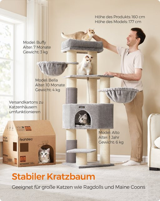 FEANDREA Kratzbaum für Katzen mit selbstwärmenden Decken, Katzenbürsten und großen Plattformen in Grau und Schwarz - Bild 1