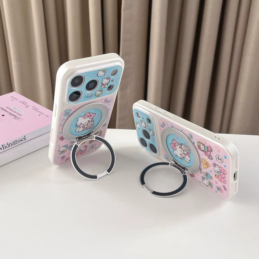 Sanrio KT Cartoon Handyhülle mit 360 Grad rotierendem Magnetständer für iPhone 14 15 16 17 Pro Max, stoßfest und kabelloses Laden, pink/multicolour - Bild 3