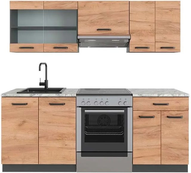 Vicco R-Line Küchenzeile Goldkraft Eiche Anthrazit mit Marmor-Optik Breite: 200 cm - Bild 1