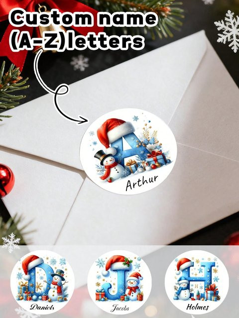 Personalisierte Weihnachtsaufkleber mit Schneemann-Motiv, runde Namensschilder für Kinder und Familie, bunt, Papier - Bild 1