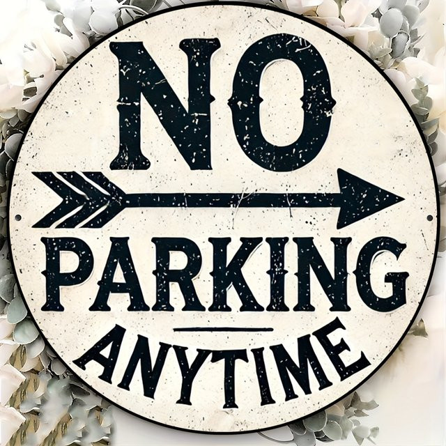 Potdemiel No Parking Anytime Vintage-Aluminiumschild rund, Farbe: Weiß, Durchmesser: 20,3 cm - Bild 1