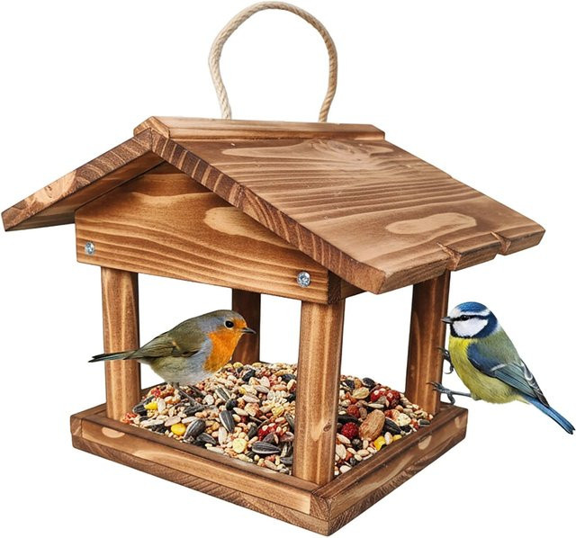 Relaxdays Vogelfutterhaus aus geflammtem Tannenholz in Braun zum Aufhängen B: 22 cm, T: 22 cm, H: 26 cm - Bild 1