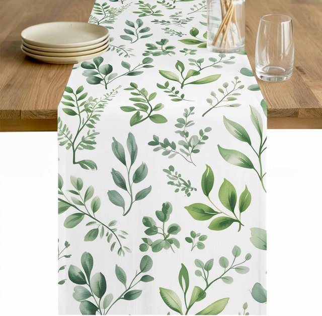 JINGYUE Pet Tischläufer aus Leinen mit Eukalyptus-Blättermuster in Salbeigrün und Beige, B/H: 150 x 33 cm - Bild 1