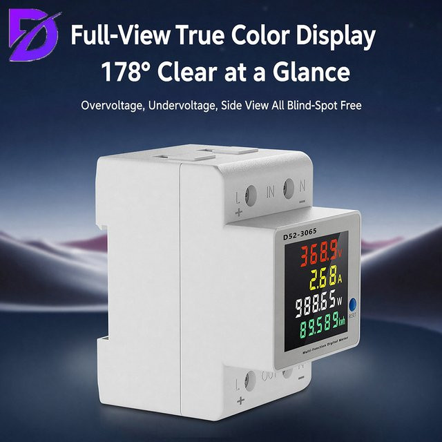 diymore Multifunktionaler 4-in-1 DC-Energiezähler für DIN-Schienenmontage mit LCD-Anzeige, 14–600 V, 63 A, einphasig - Bild 1