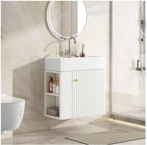 MUVOE Badezimmer Waschbeckenunterschrank mit Hängemontage, Weiß, Breite: 55 cm - Bild 1