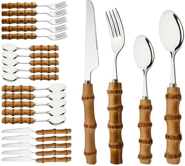 24-teiliges Besteckset von Pig Boutique aus Edelstahl und Bambus in Braun und Silber - Bild 1
