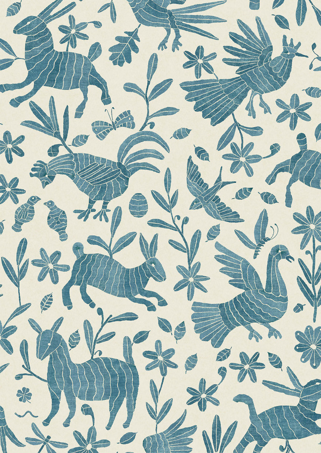 Lewis & Wood Tapete Otomi Bluebird in Blau mit floralem und ethnischem Muster aus Vlies - Bild 1