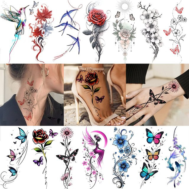 BAOFUL Temporäre Aquarell-Tattoos mit Schmetterlingen, Blumen und Vögeln, Damen - Bild 1