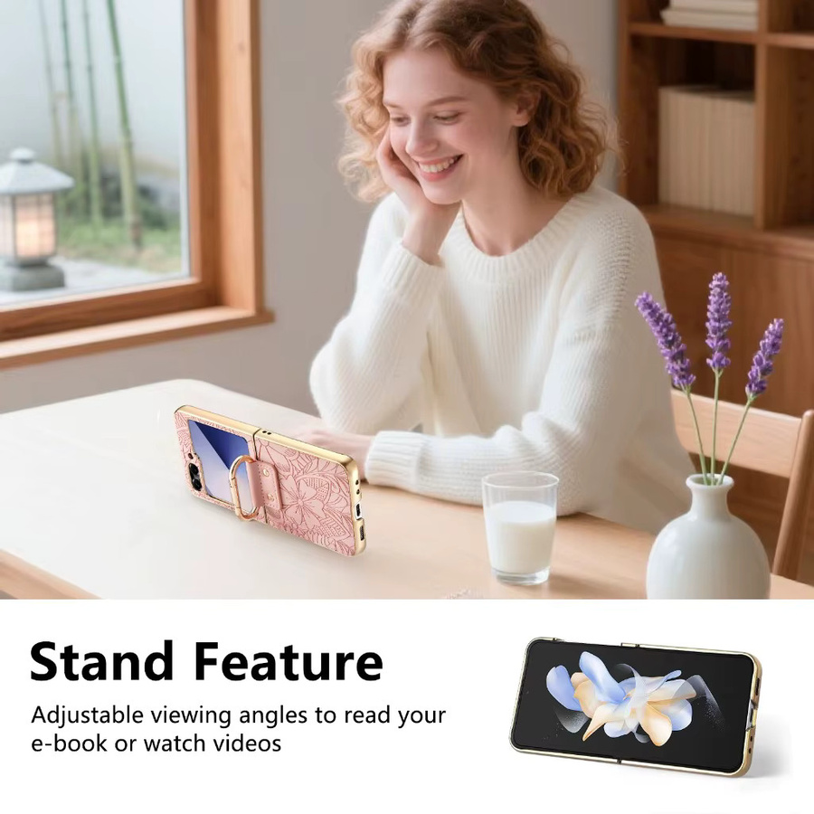 SZMUGUA Lederhülle mit geprägtem Blumenmuster und Ringhalterung für Samsung Galaxy Z Flip 7 FE, Farbe: Braun - Bild 3