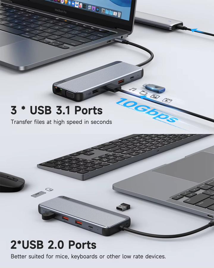 MOKiN USB-C Dockingstation Dreifach-Display-Adapter mit 4K HDMI, VGA, RJ45 Ethernet und 100W PD-Ladefunktion in Grau - Bild 3