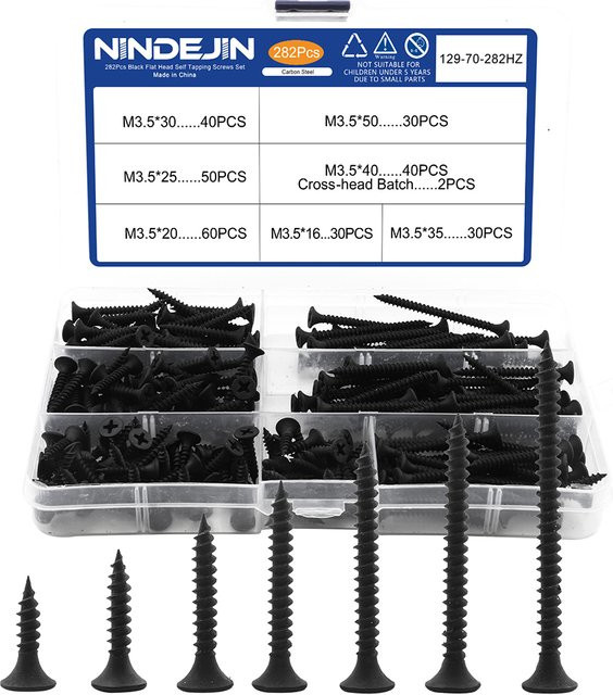 NINDEJIN Trockenbau Schrauben Sortiment Set mit 282 Stücken, Phillips Selbstbohrende Holzschrauben mit Grobgewinde und Schraubendreher-Bits, Farbe: Blau/Schwarz, Durchmesser: 3,5 mm - Bild 1
