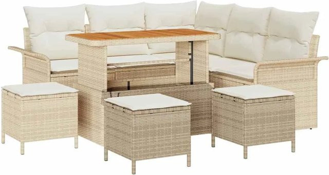 vidaXL Garten-Sofa-Set aus Poly-Rattan und Akazienholz in Beige, 9-teiliges L-Shape Lounge-Set mit Polstern und Tisch - Bild 1