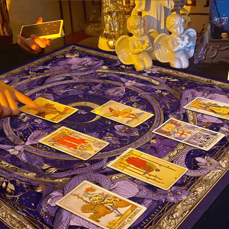 VIKAMA Altartuch mit lila Drachen-Mond-Blumen-Motiv aus Leinen für Tarotkarten und Meditation im Boho-Stil - Bild 2