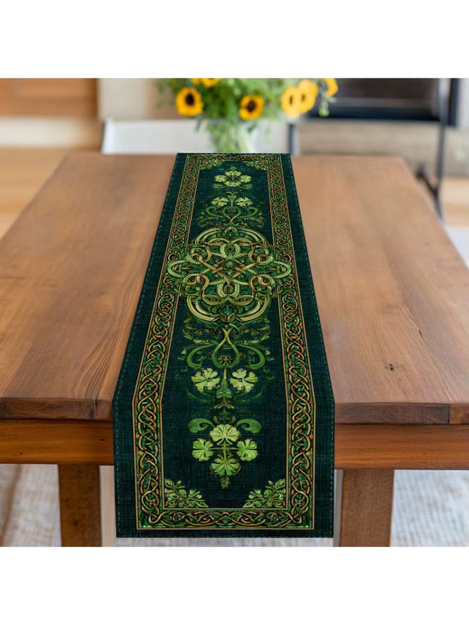 VIKAMA Tischläufer mit keltischem Kleeblatt-Motiv aus Leinen, Grün, B/H: 90 x 33 cm - Bild 6