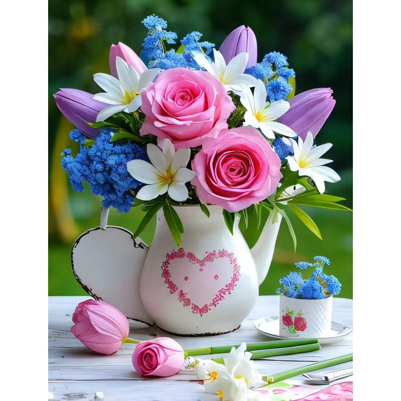 HUACAN 5D Diamantmalerei Set mit Blumenarrangement und Teekanne, DIY Kunst Kit, Multicolour, B/H: 30 x 20 cm - Bild 5