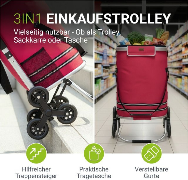 Juskys 3in1 Einkaufstrolley für Treppen, klappbar, Rot, 56 l - Bild 1