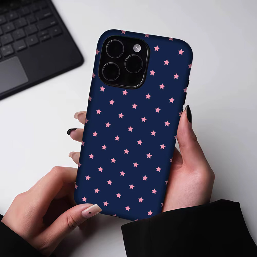 Aurbe Matte 2-in-1 MagSafe Hülle für iPhone 17 16 15 14 Plus Pro Max Stoßfeste Hartschale Marineblau mit Rosa Sternen - Bild 5