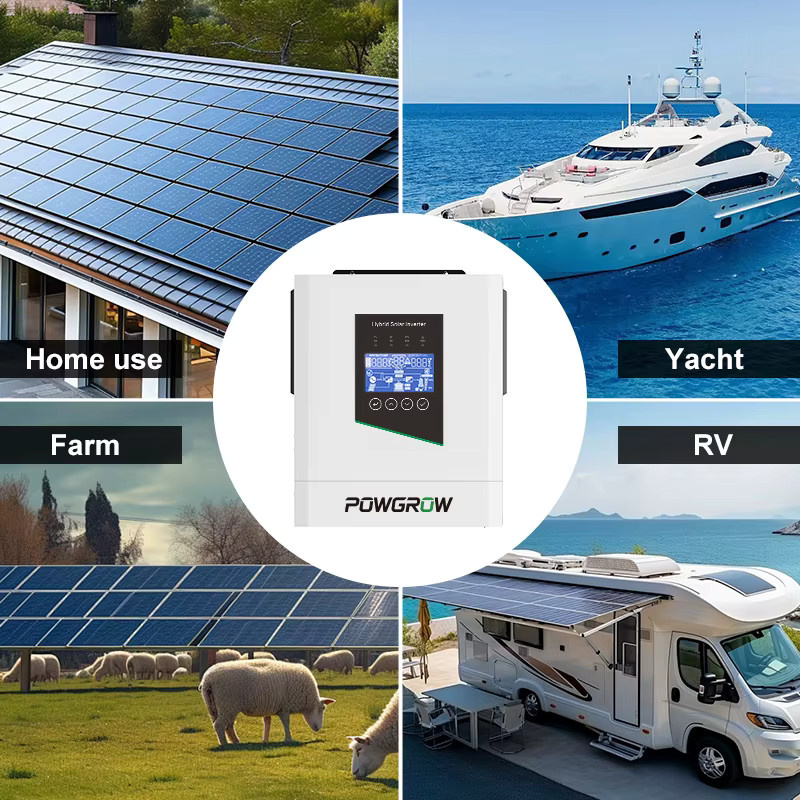POWGROW Hybrid-Wechselrichter 6,5KW 48V 6500VA mit MPPT 60-450VDC, 9000W Solar Max und 120A Ladegerät, Weiß - Bild 4